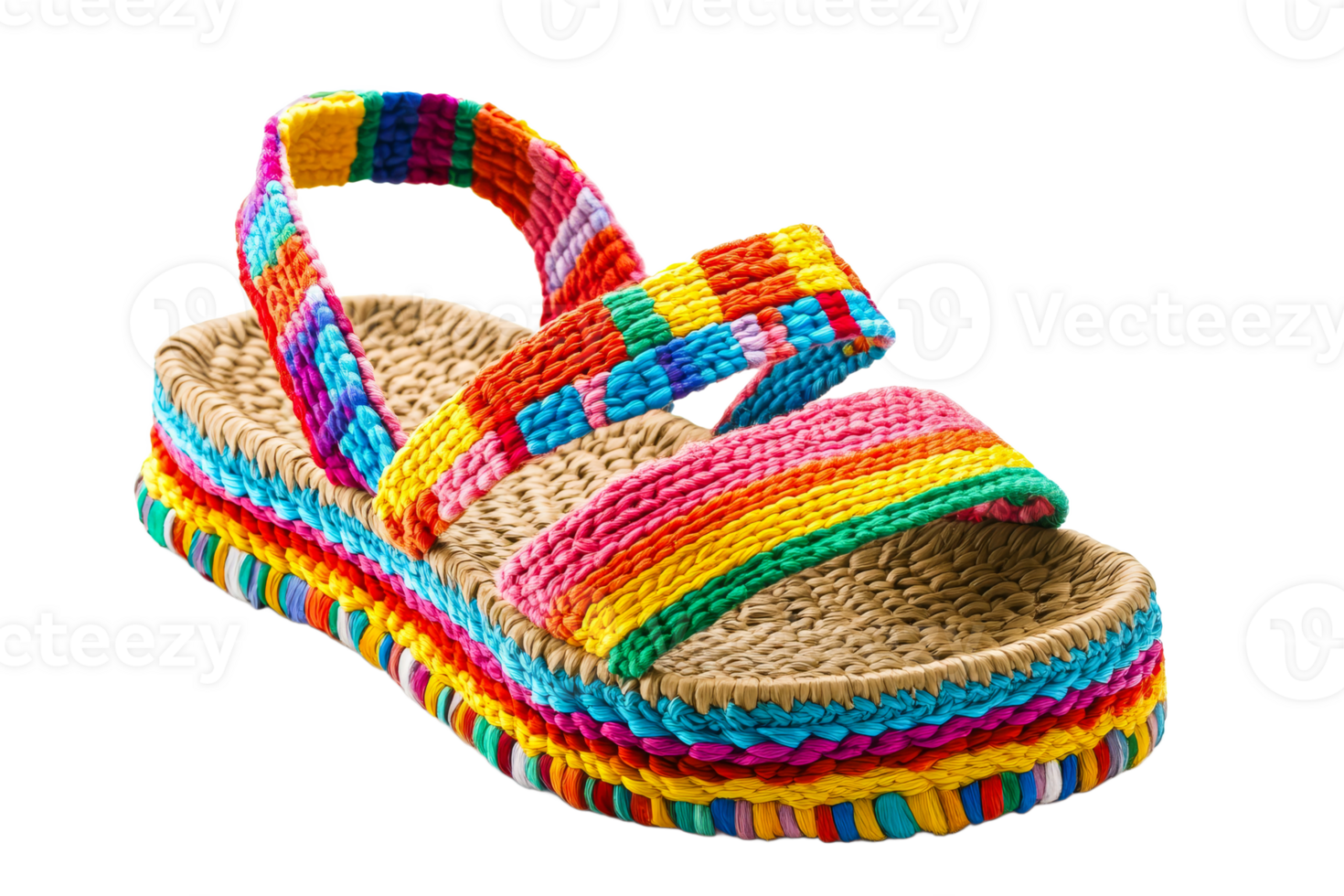 Bright and colorful woven sandals for summer style png