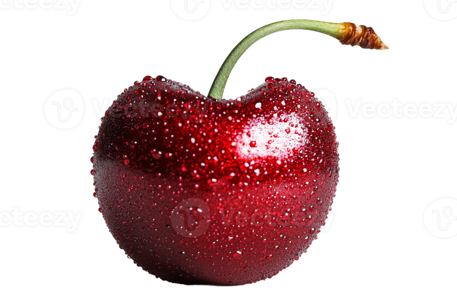 Bright red cherry with water droplets glistening png