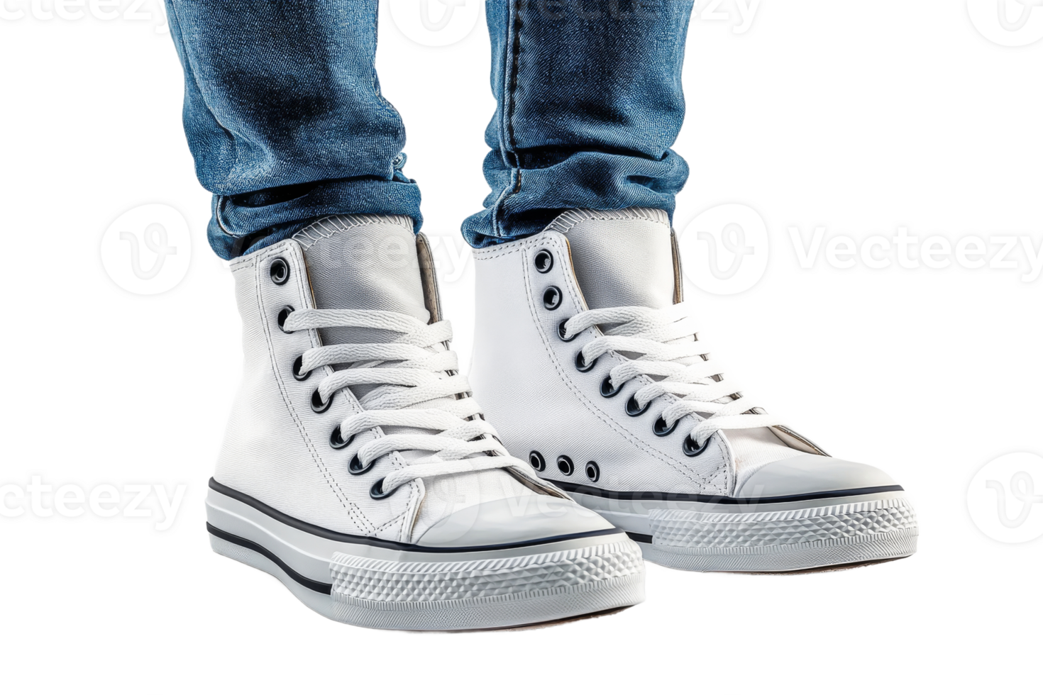 High top sneakers on a pair of denim jeans png