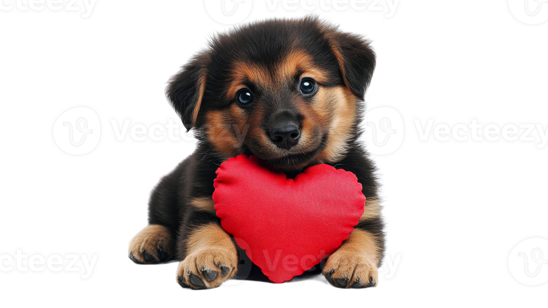 Cute puppy holds red heart toy in playful pose png