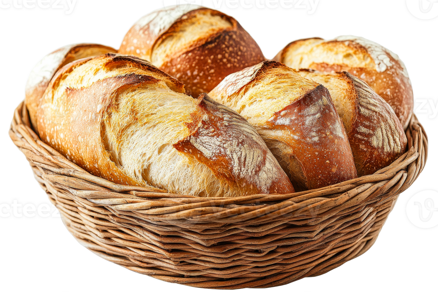 Freshly baked bread rolls in a woven basket transparent background png