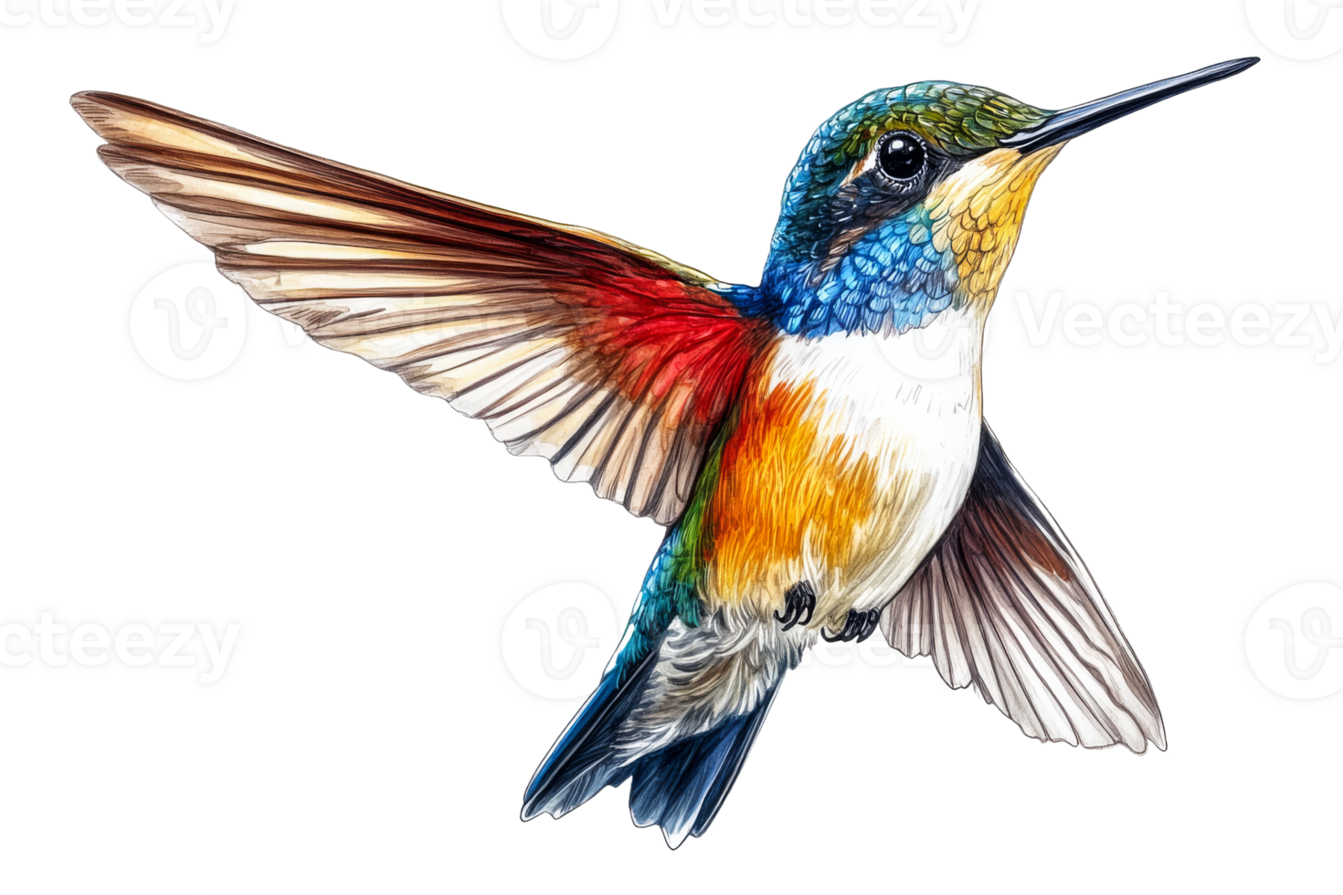 Colorful hummingbird in mid flight near flowers transparent png