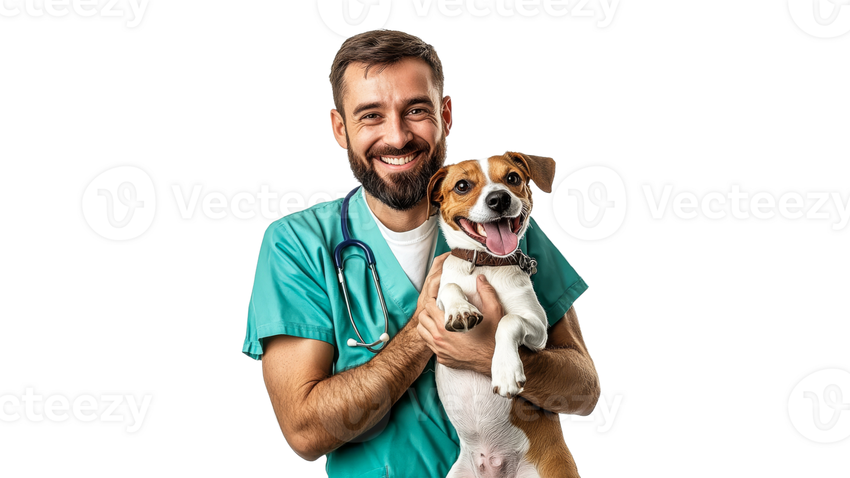 Smiling veterinarian holds happy dog in clinic transparent png