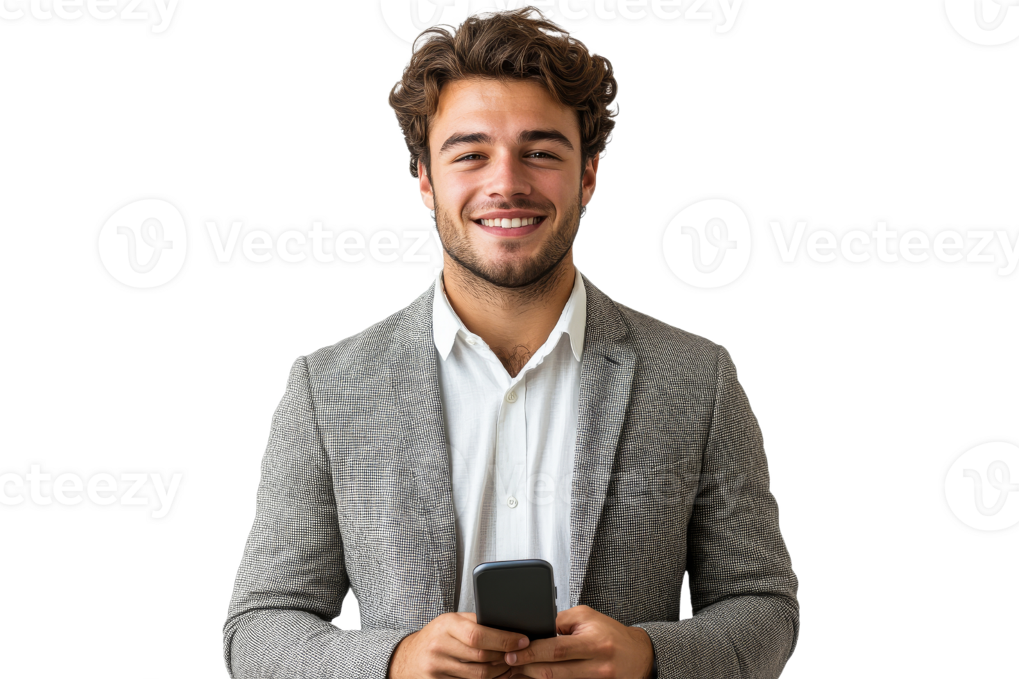 Young man smiling while holding a smartphone transparent png
