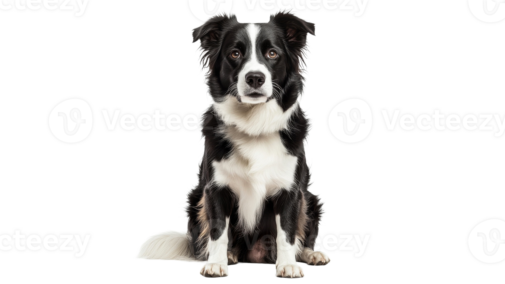 Cute black and white dog sitting calmly indoors png