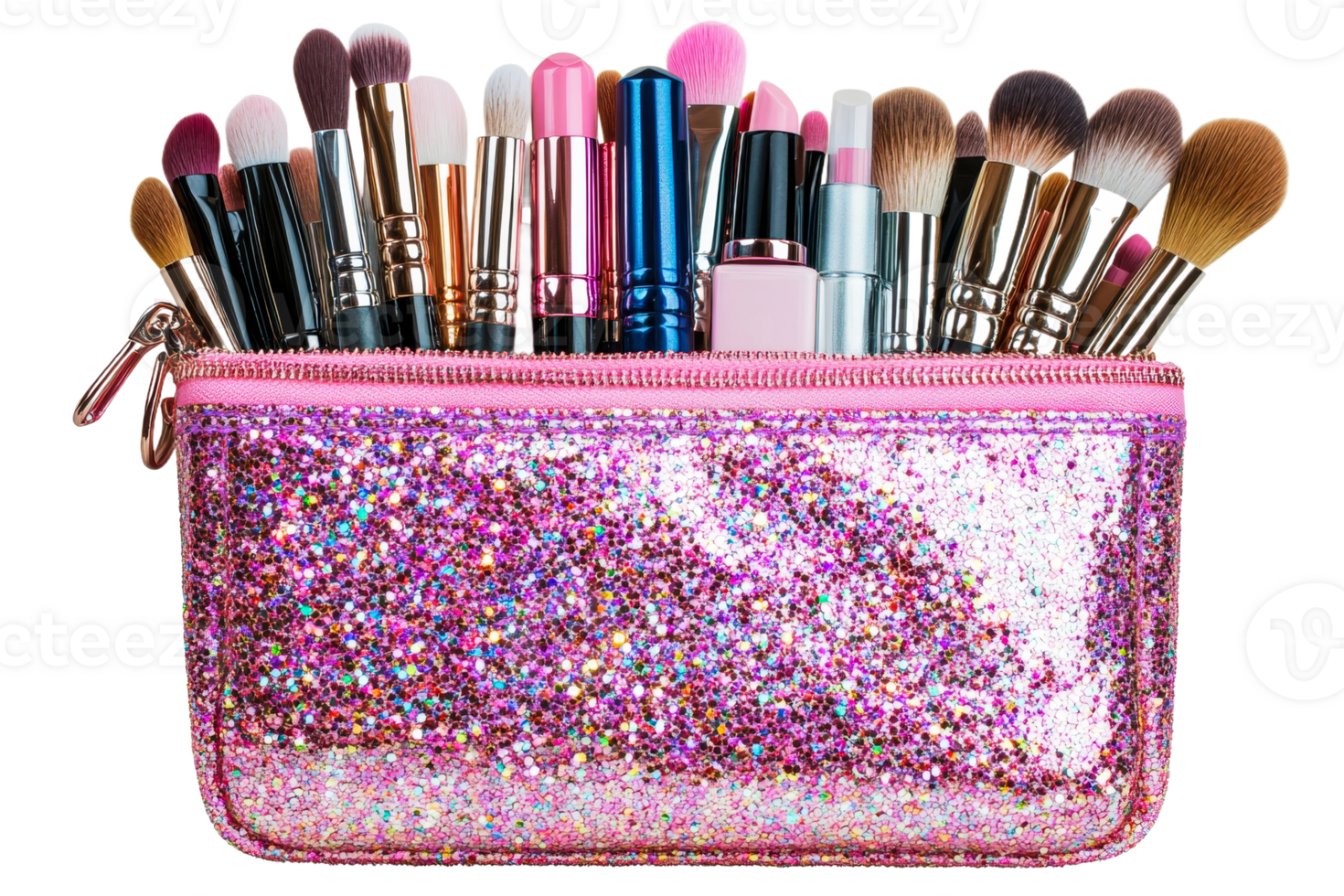 Glitter bag with makeup brushes png