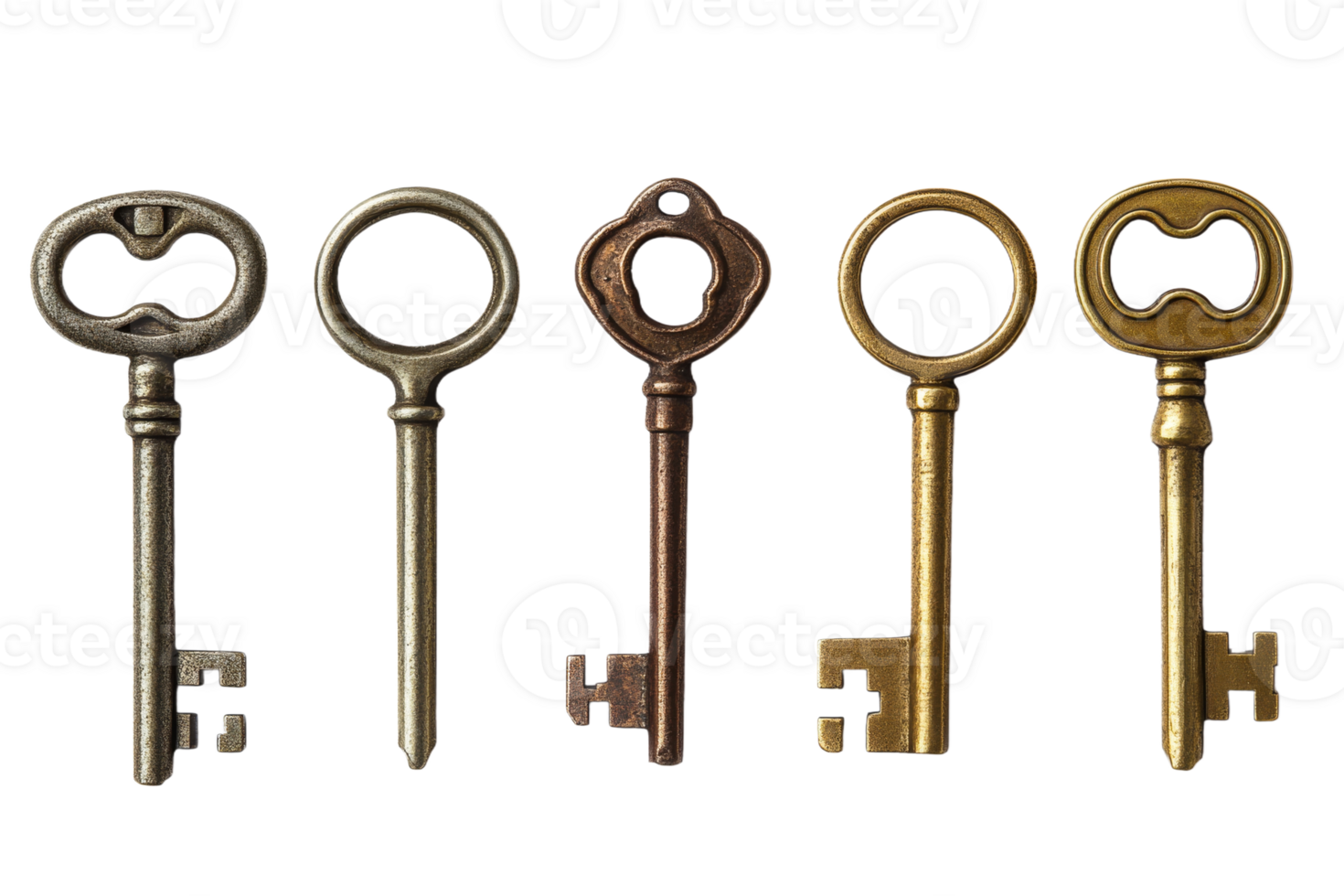 Various antique keys displayed on white background png