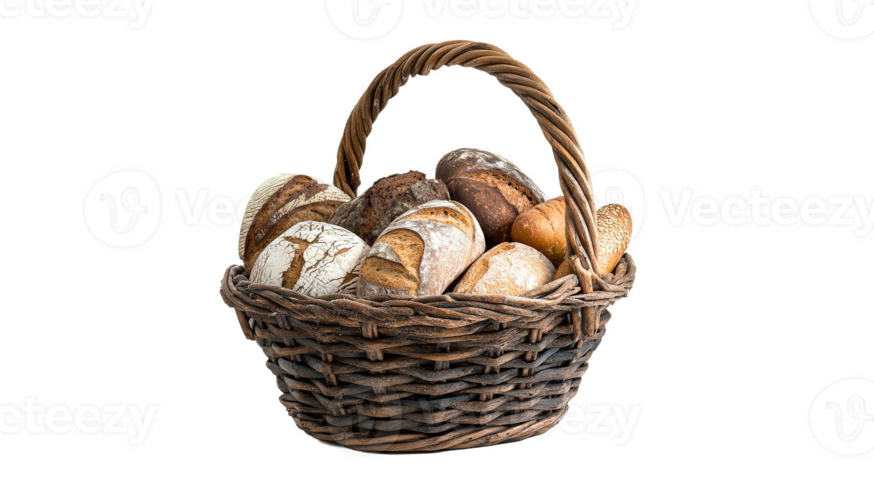 Freshly baked bread in a rustic basket displayed png