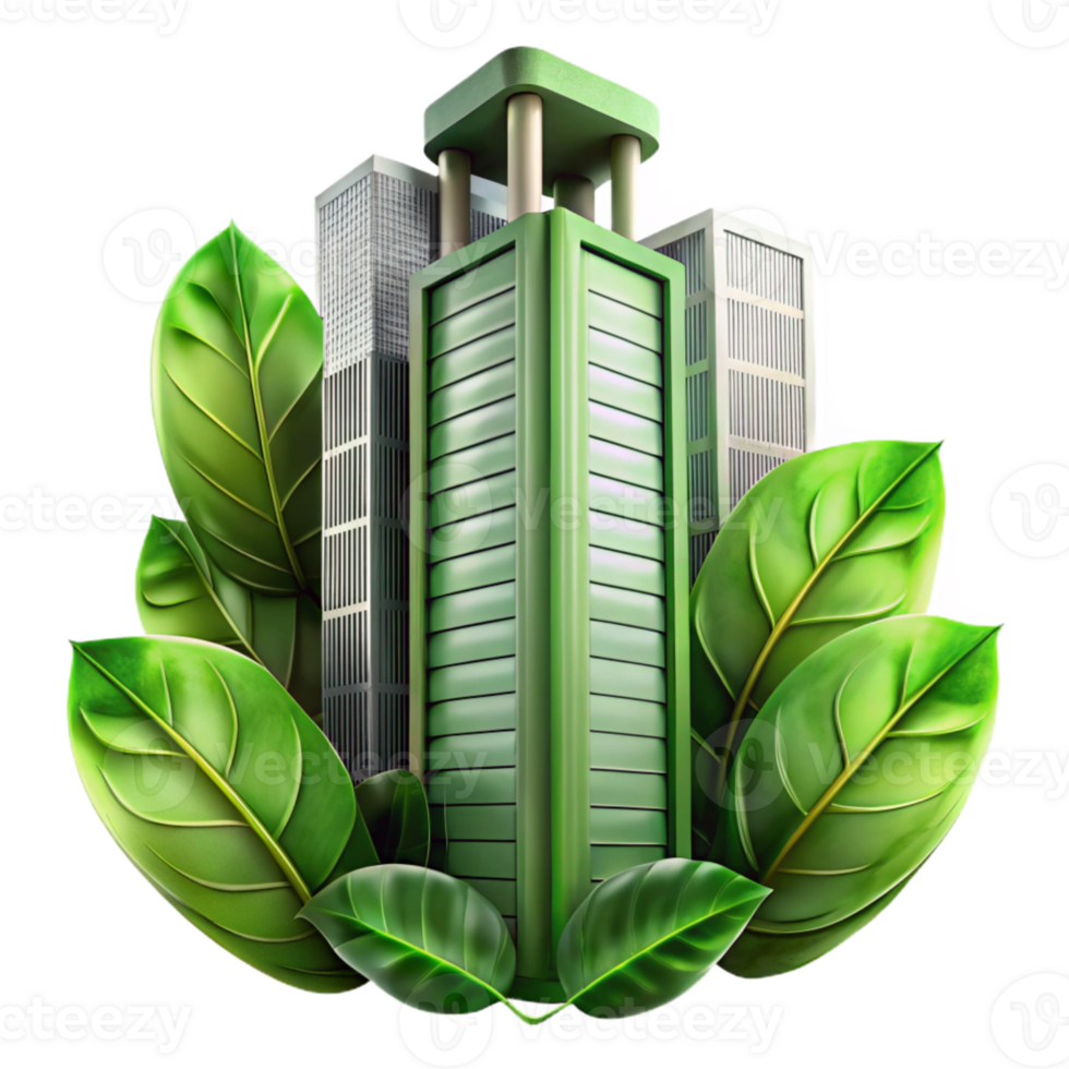vibrant creative Green Leaves Framing Skyscraper Transparent Background high quality png