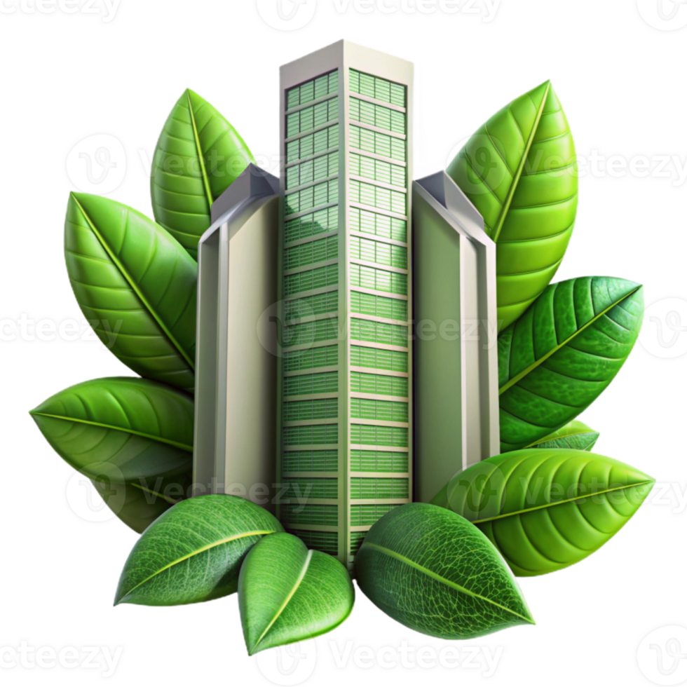 dramatic artistic Green Leaves Framing Skyscraper Transparent Background png