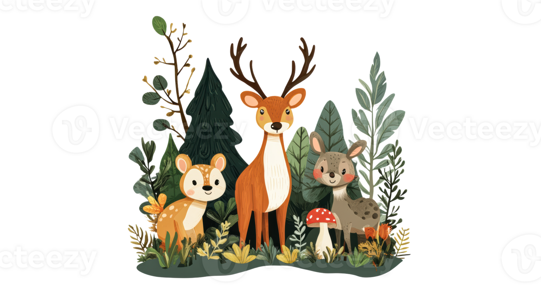 Charming woodland animals gather in lush forest png