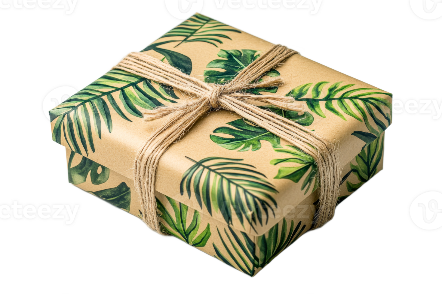 Stylish gift wrapped in tropical leaf design png