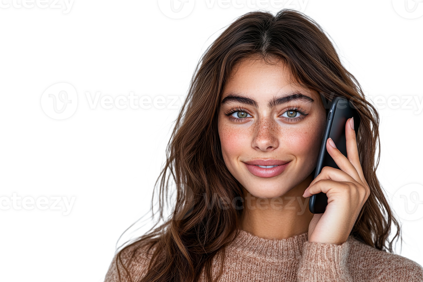 Young woman smiling while talking on the phone png