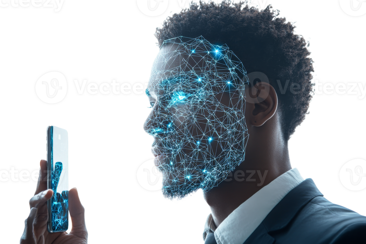 Man interacting with digital technology at sunset png