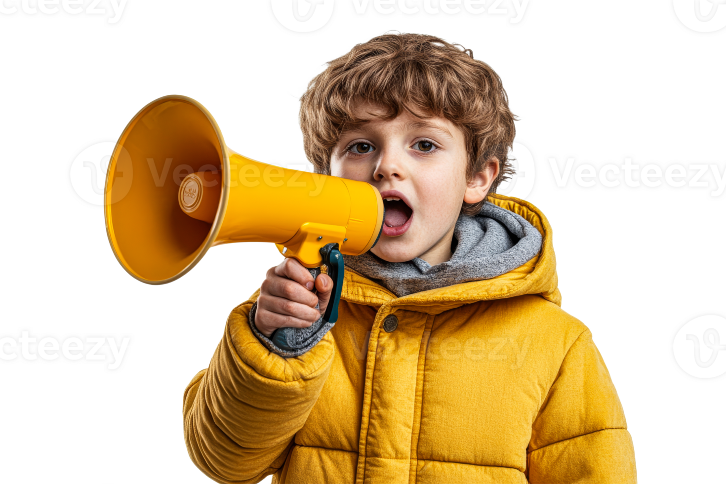Boy enthusiastically uses yellow megaphone indoors png