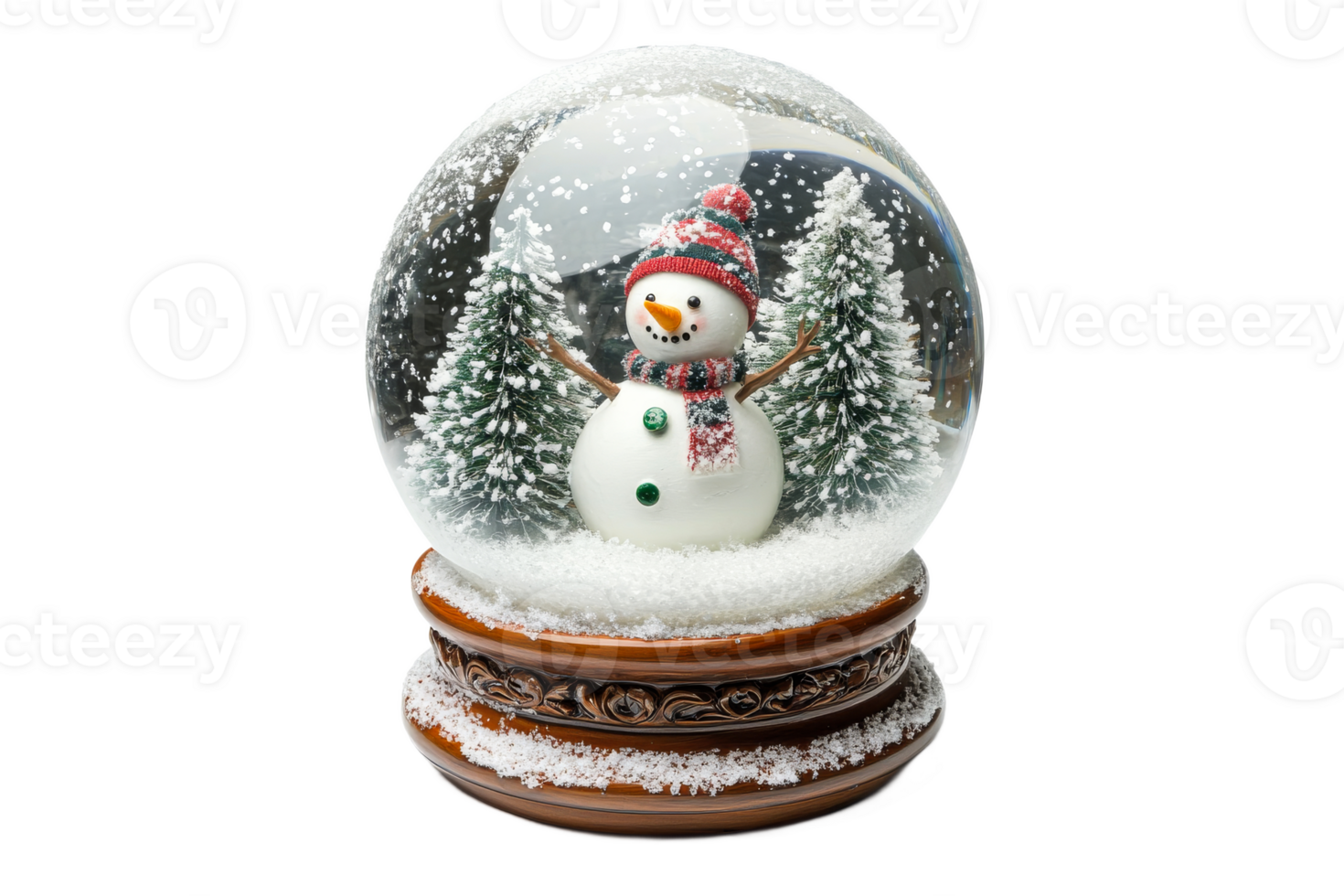 Snow globe featuring a cheerful snowman and trees png
