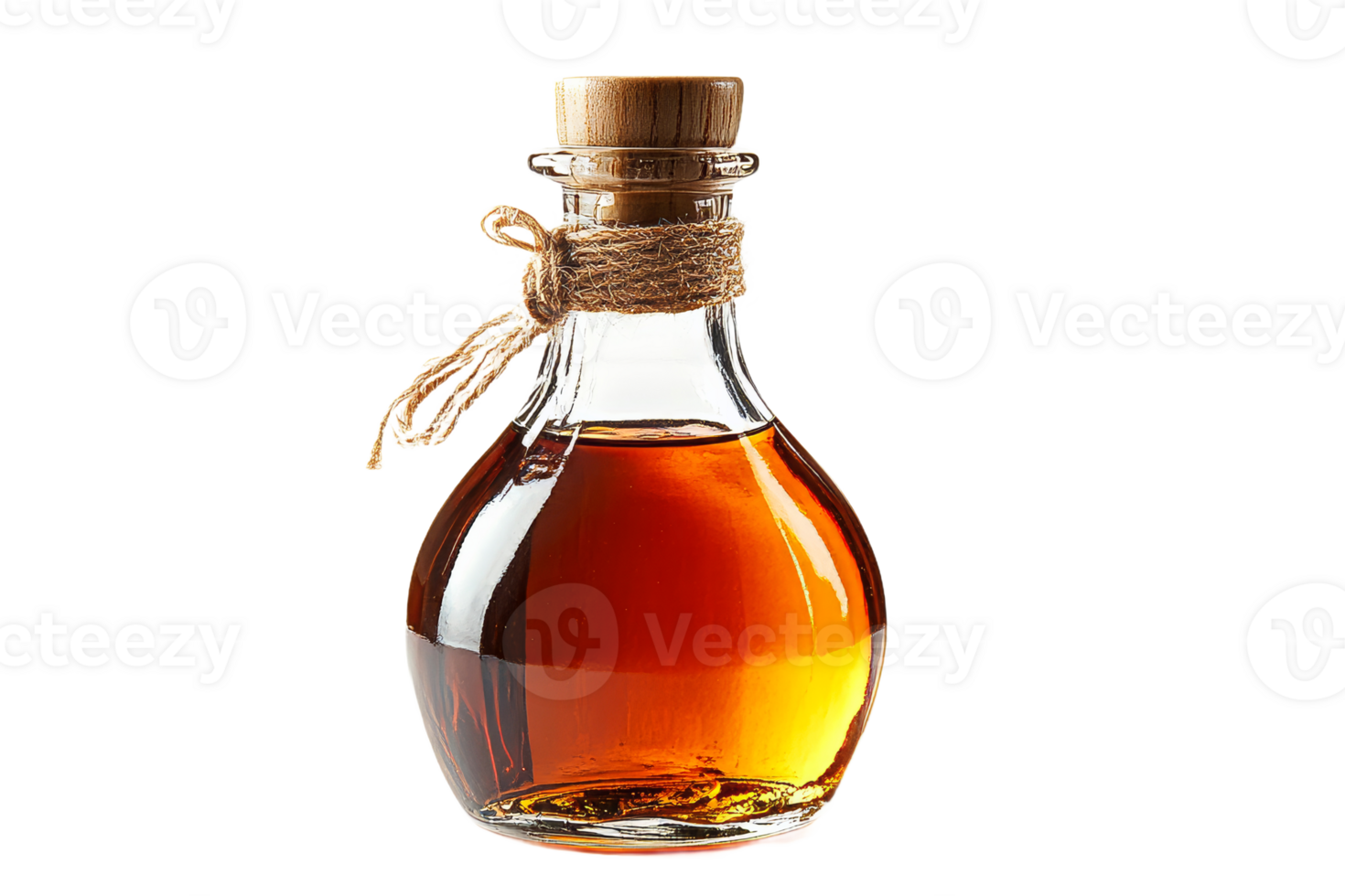Bottle of amber liquid with wooden stopper png
