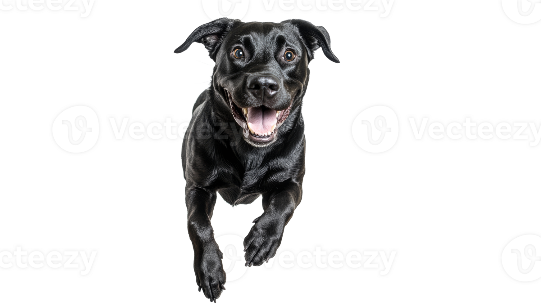 Happy black dog jumps with excitement in studio png