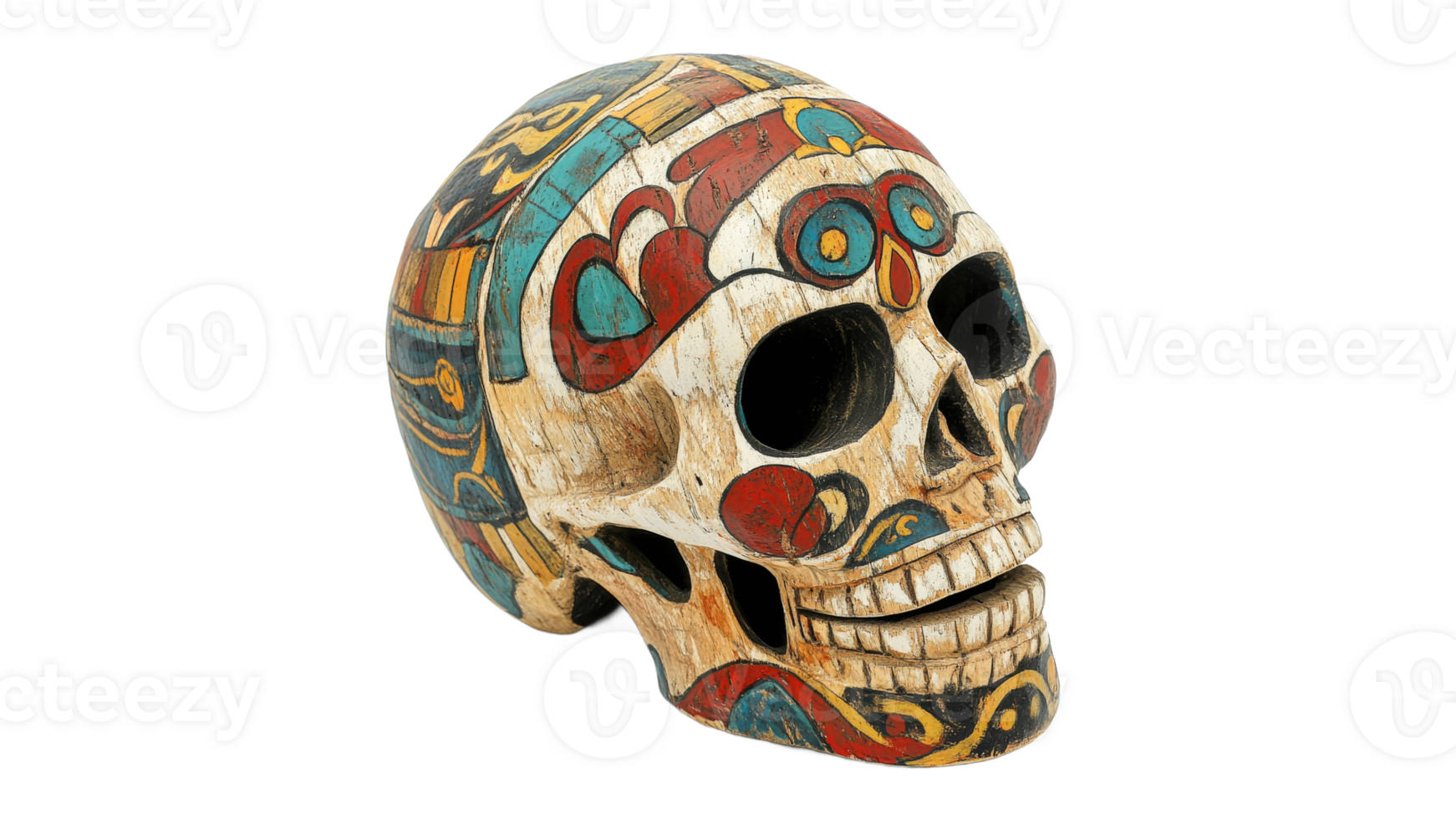 Colorfully designed skull with intricate patterns png