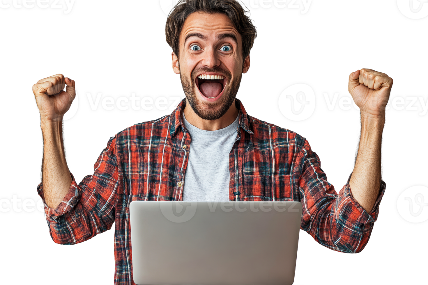 Excited man celebrates success with laptop at home png