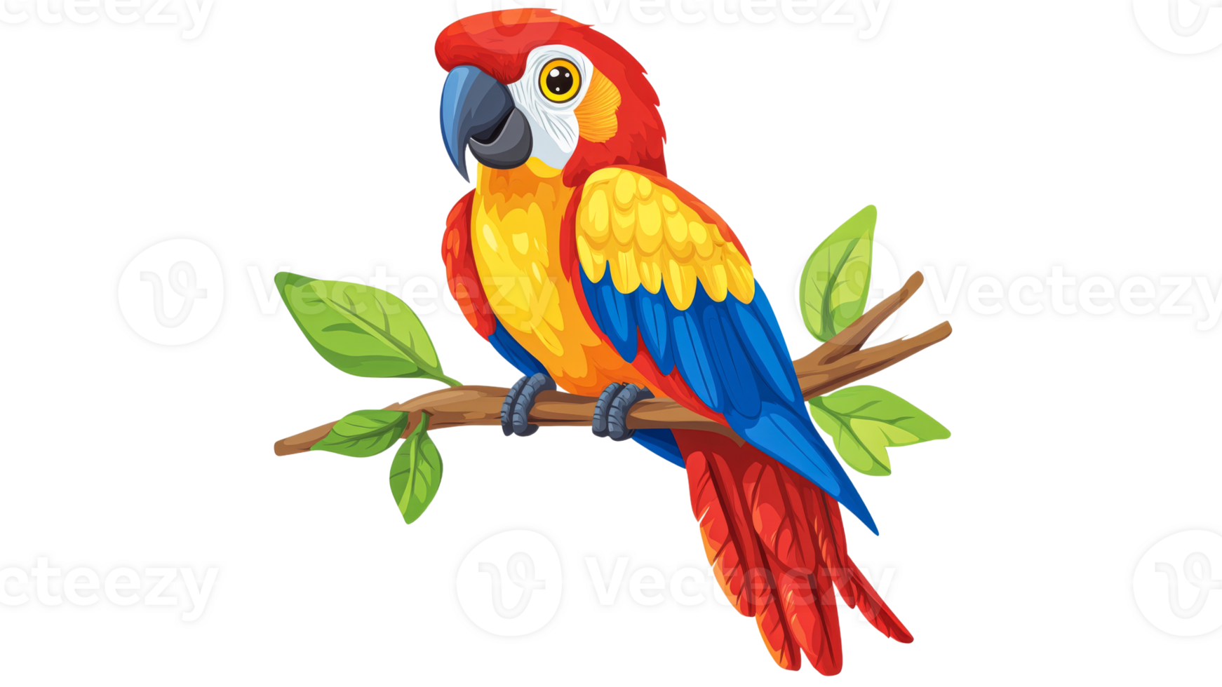 Colorful parrot perched on a branch amidst leaves png