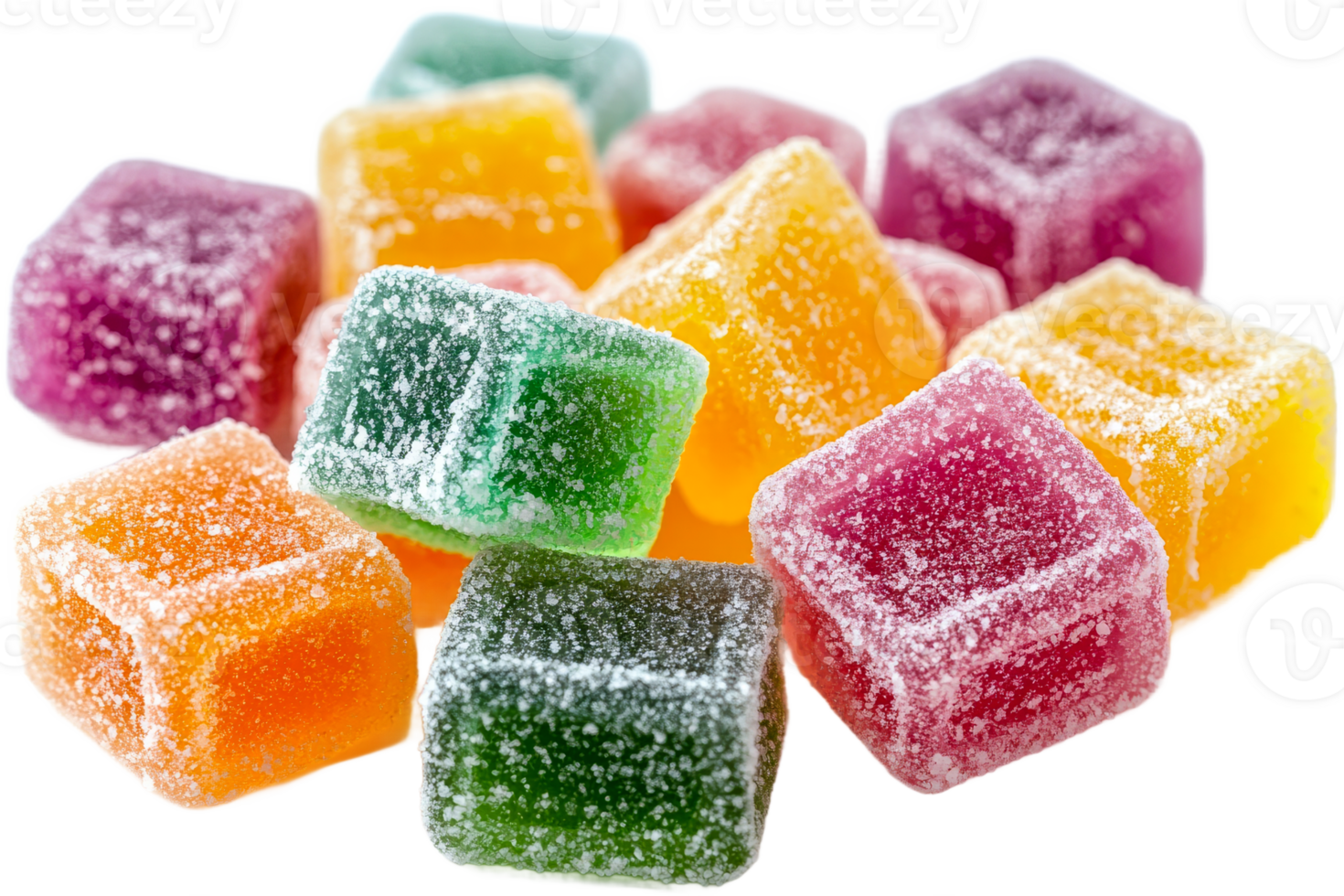 Colorful fruit gummies stacked in a sweet display png