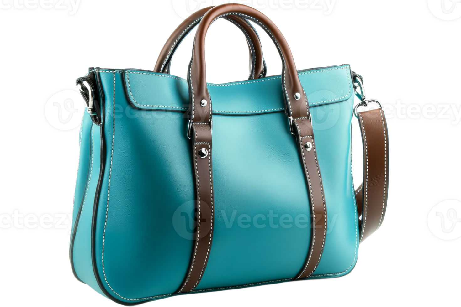 Stylish turquoise handbag with brown accents png