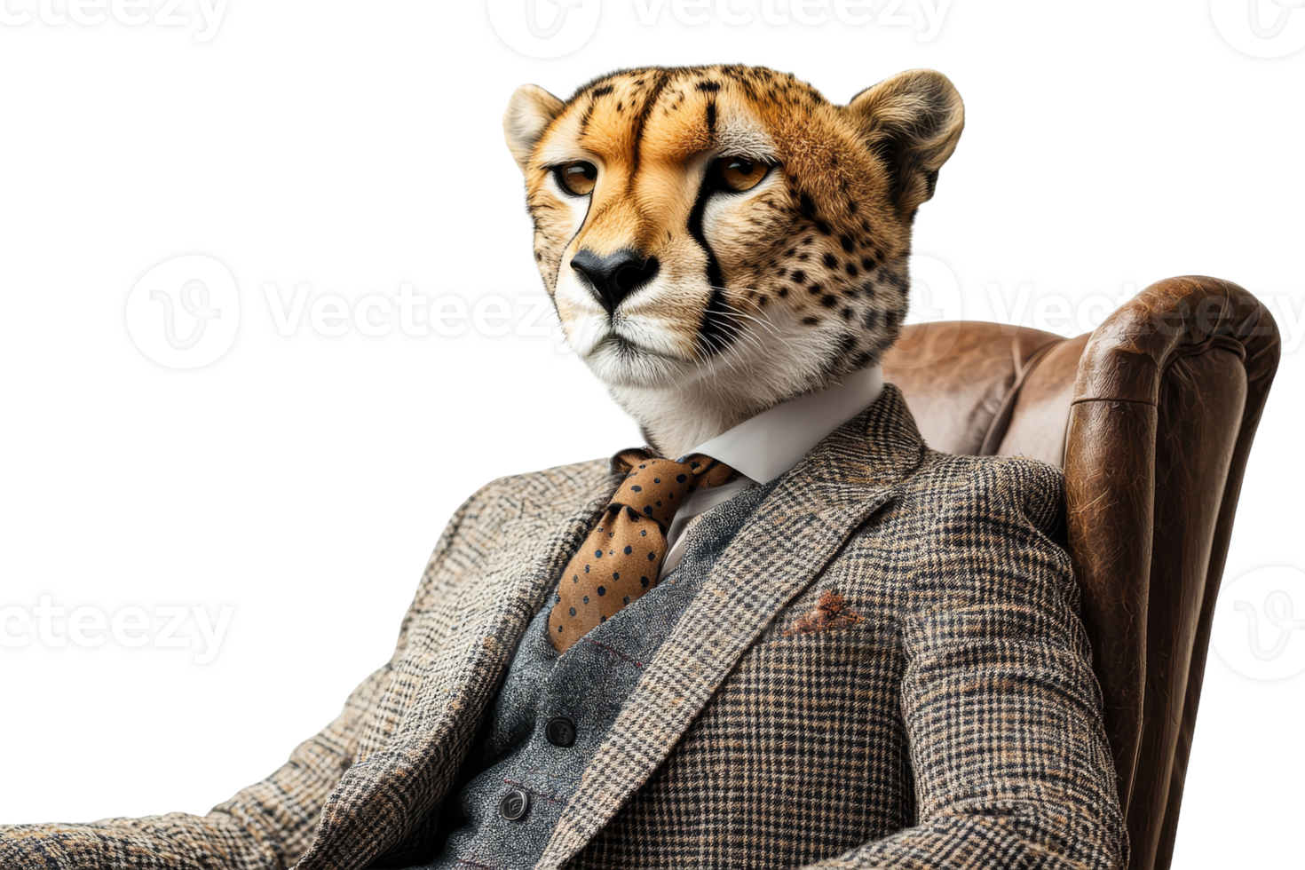 Cheetah in tailored suit sitting in chair png