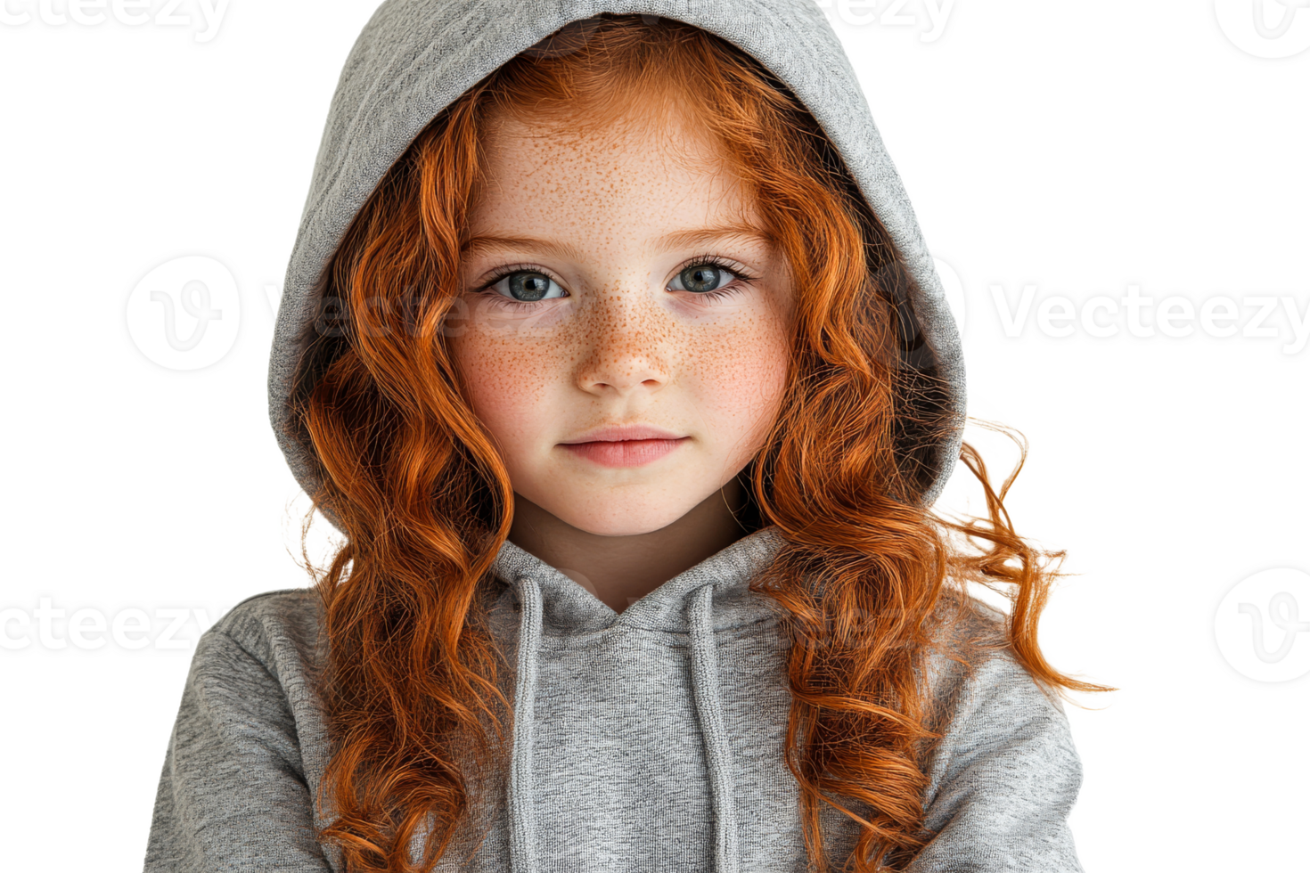 Child with red hair wearing gray hoodie in studio png