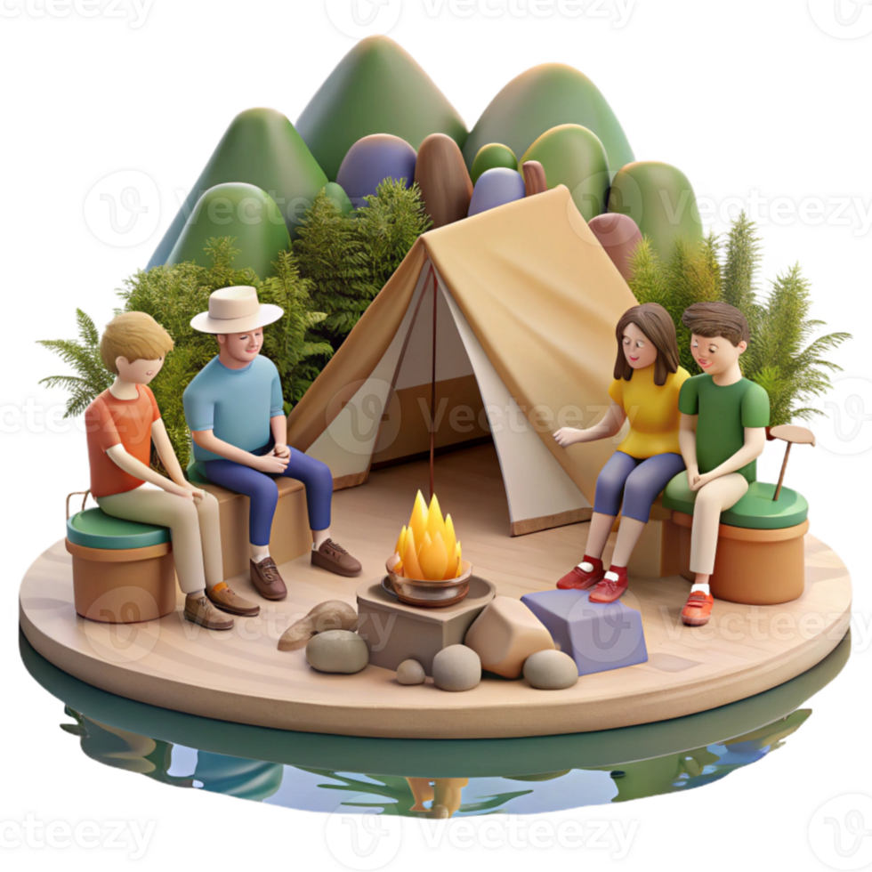 dramatic minimalist Group of Friends Camping in Forest Transparent Background premium png