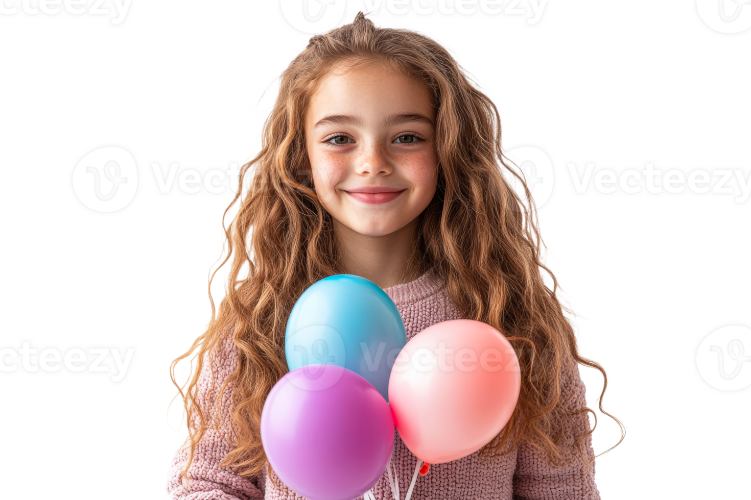 Girl holds colorful balloons with a bright smile png