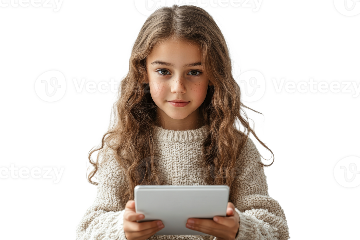 Young girl holds tablet with a focused expression png