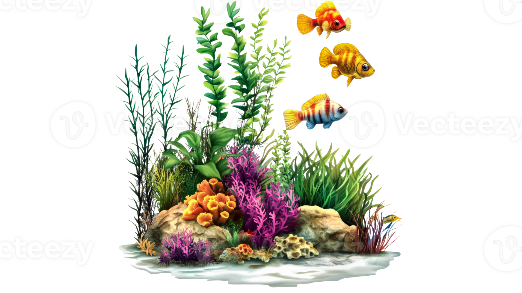 Underwater scene with colorful fish and plants png