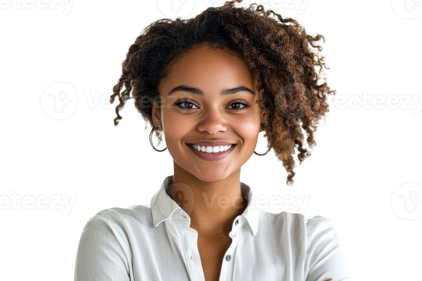 Young woman smiling with curly hair indoors png