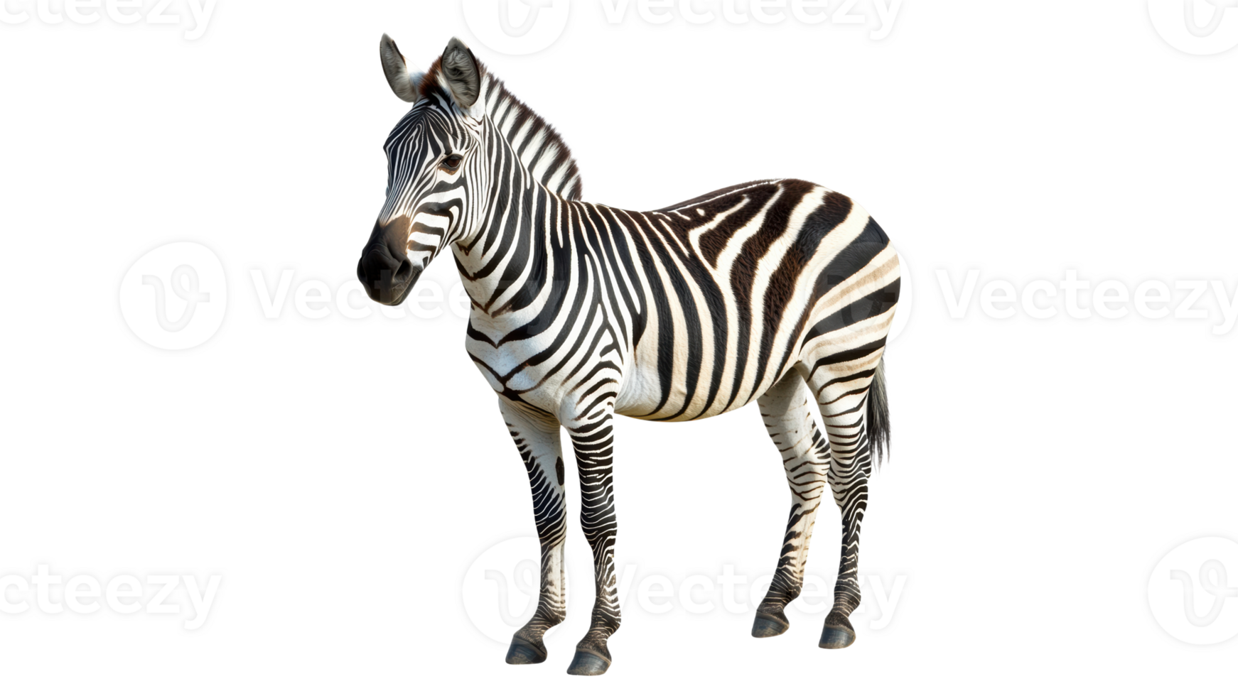 Black and white zebra standing in bright setting png