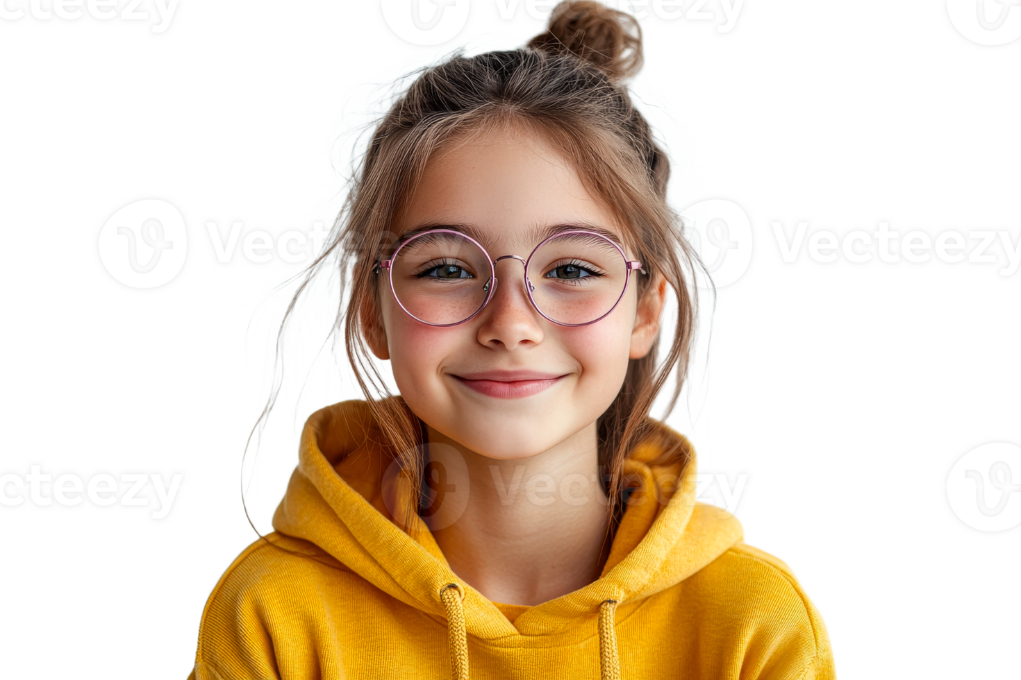 Cheerful girl wearing glasses in a yellow hoodie png