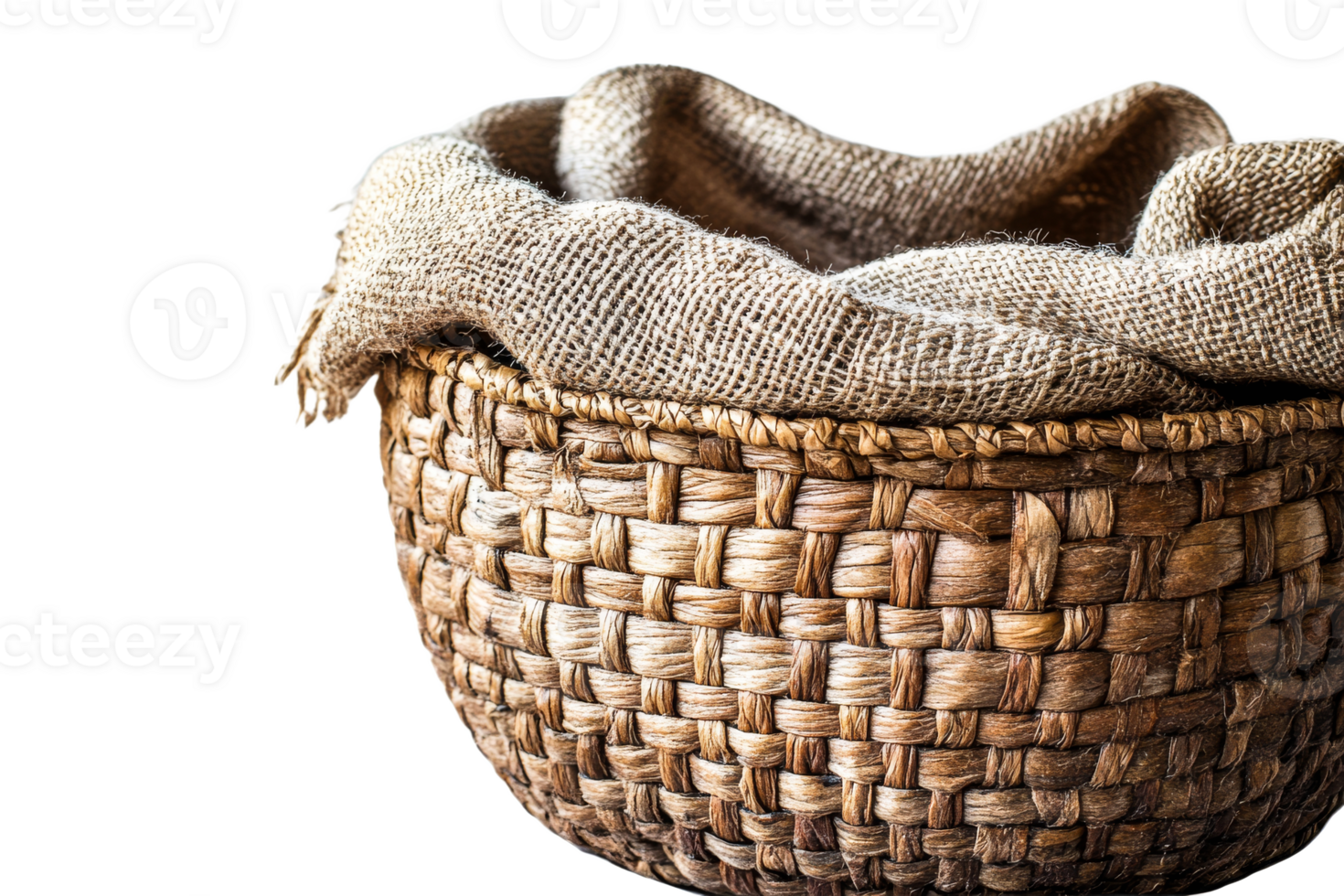 Handwoven basket with burlap lining for storage png