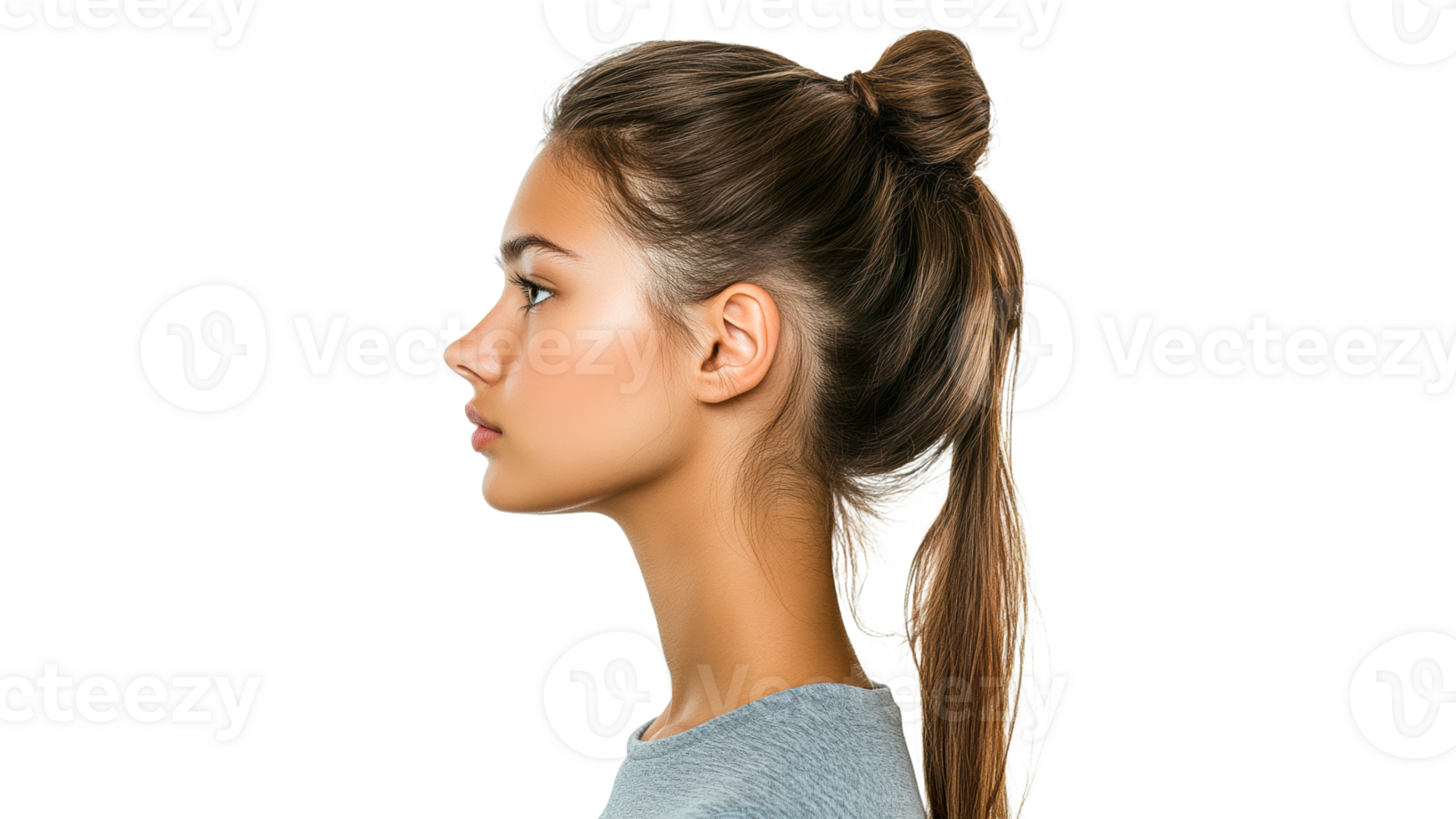 Profile view of young woman with long hair tied up png