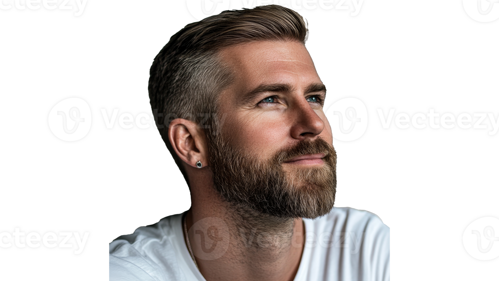 Bearded man gazing thoughtfully afar png