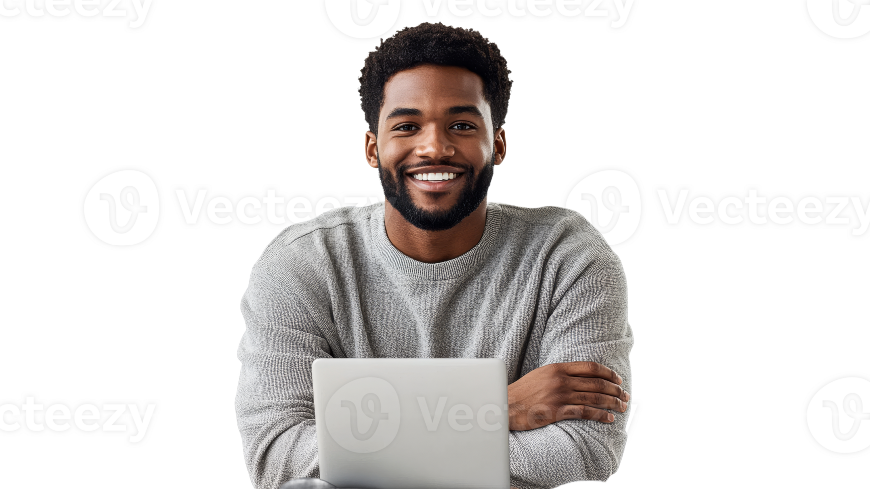 Smiling man working on laptop at home office png