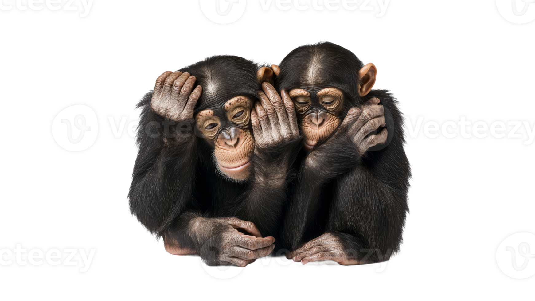Two young chimpanzees showing playful affection png