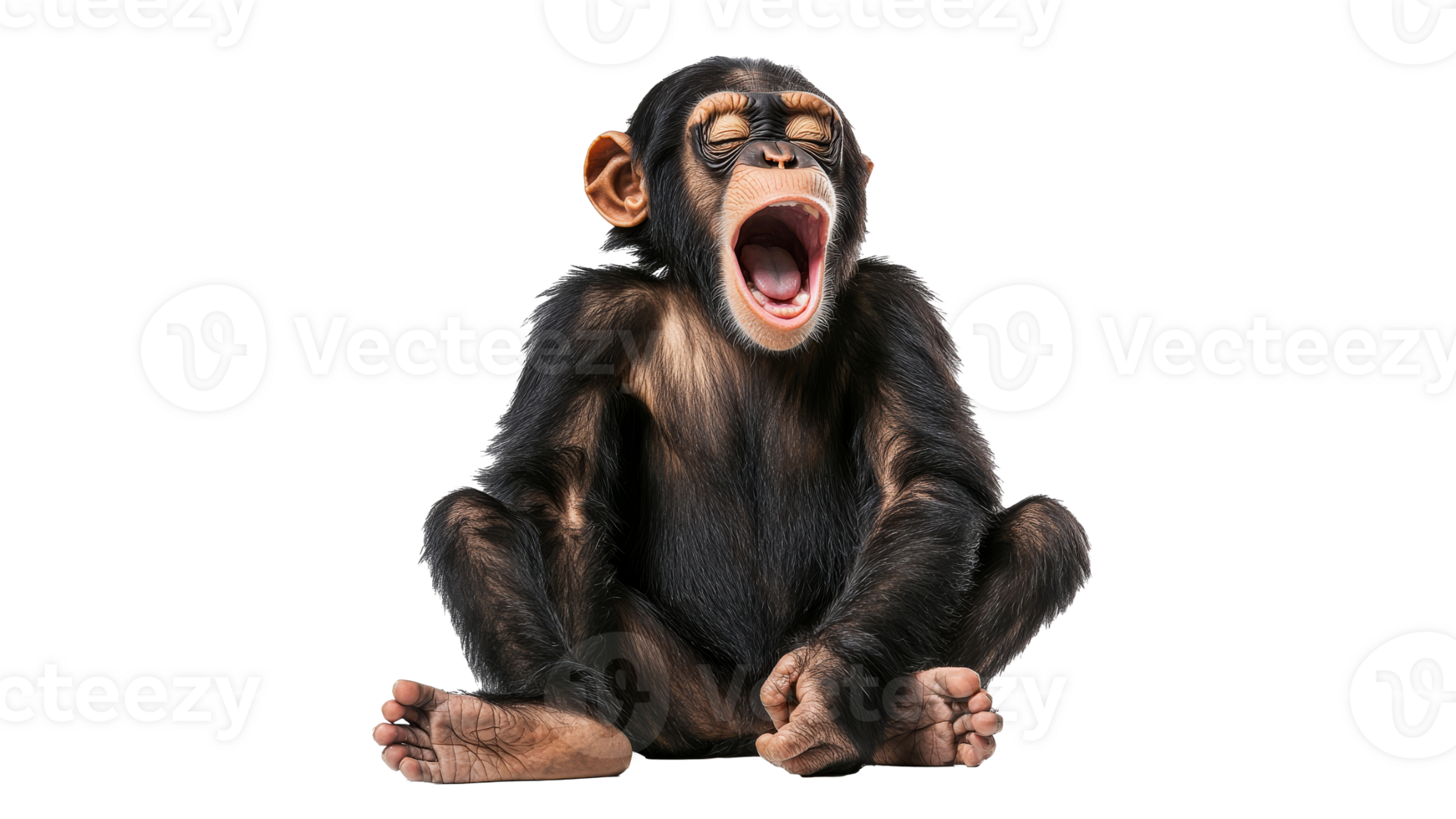 Young chimpanzee yawns while sitting still png
