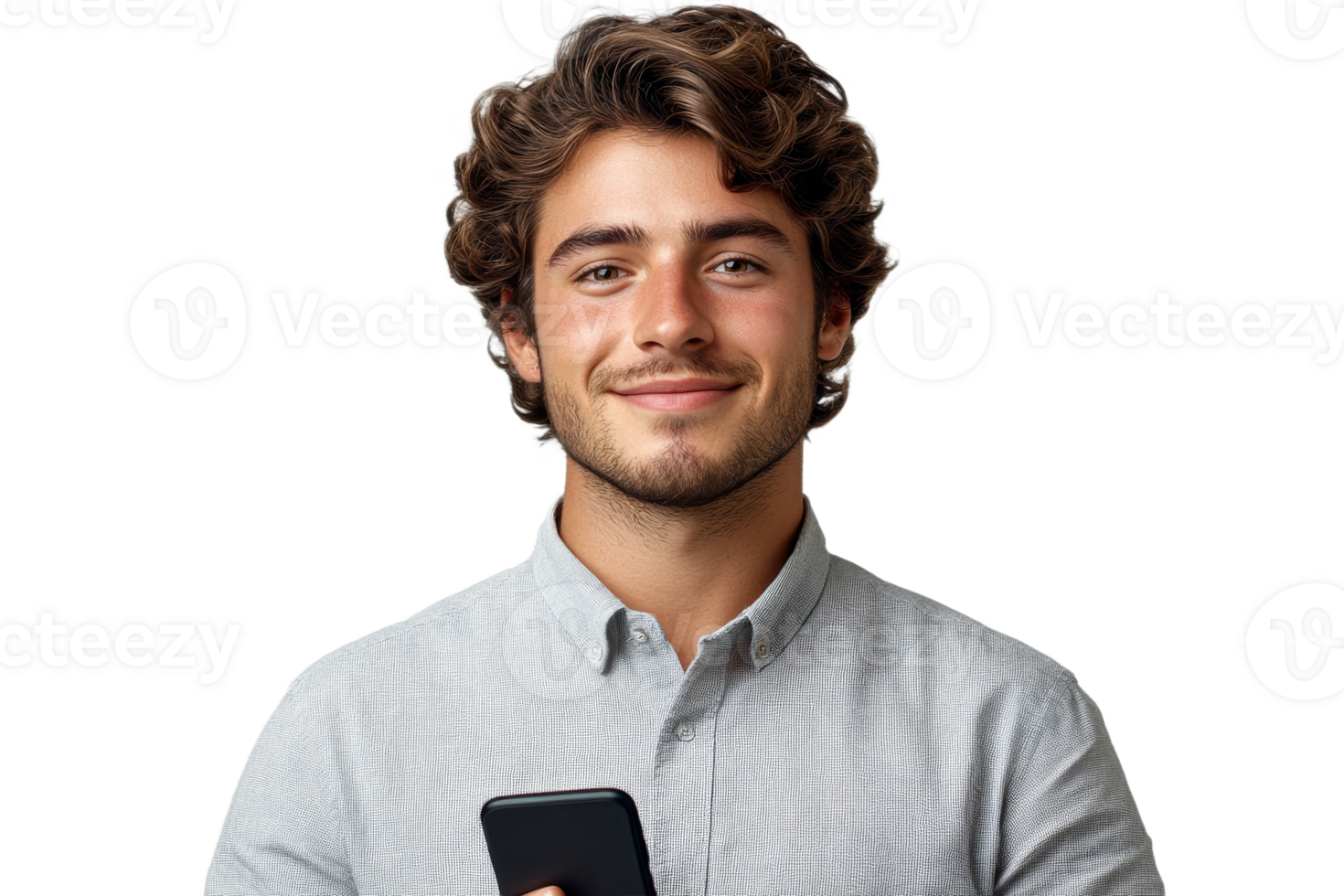 Young man smiling while holding a smartphone transparent background png