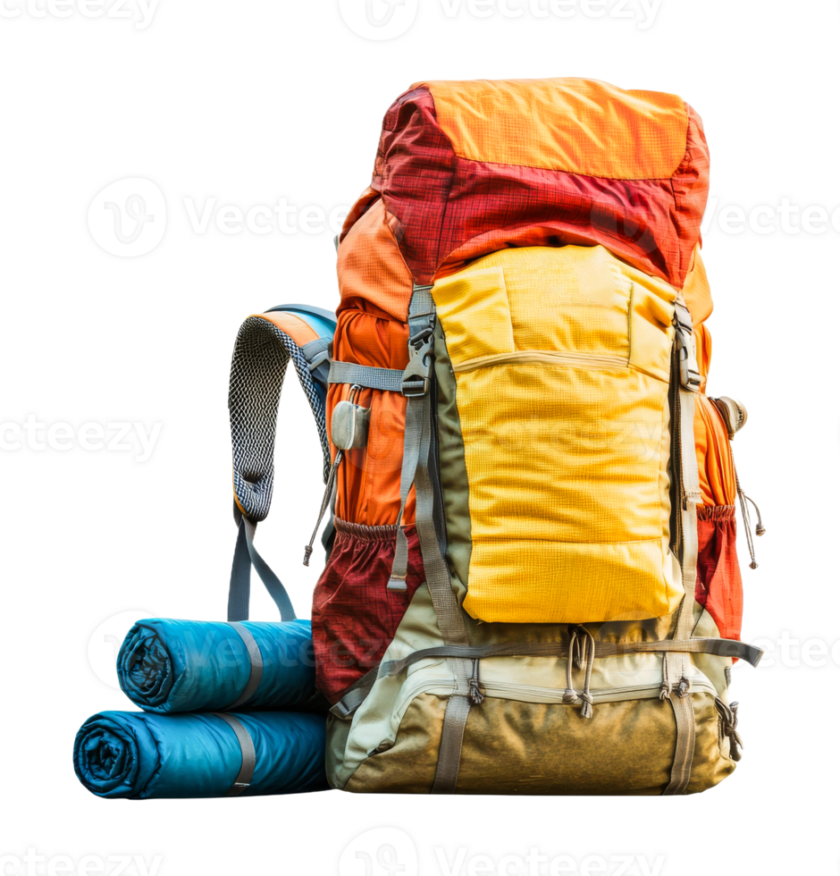 Colorful hiking backpack and mats png