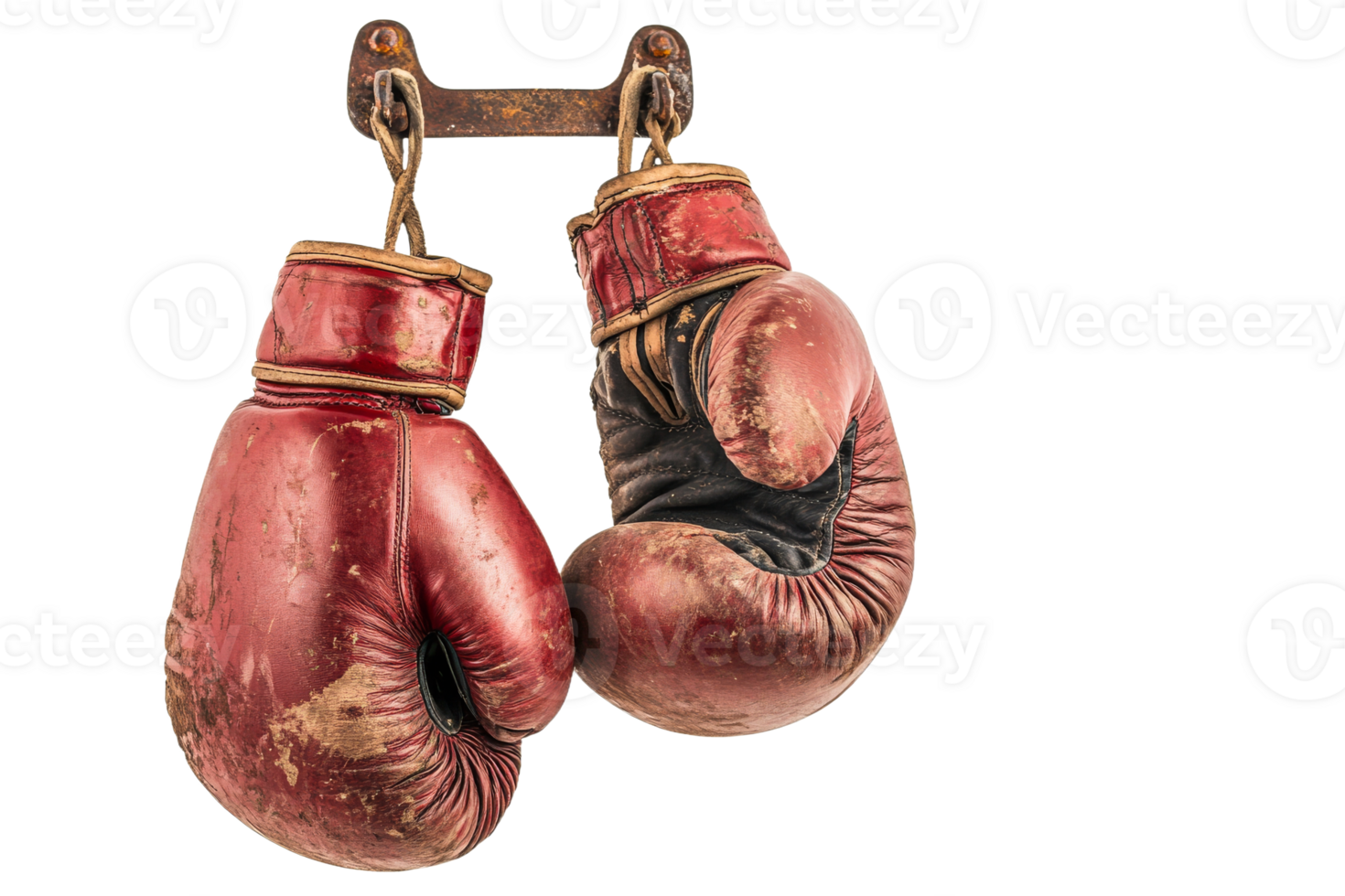 Vintage boxing gloves hanging on display rack png