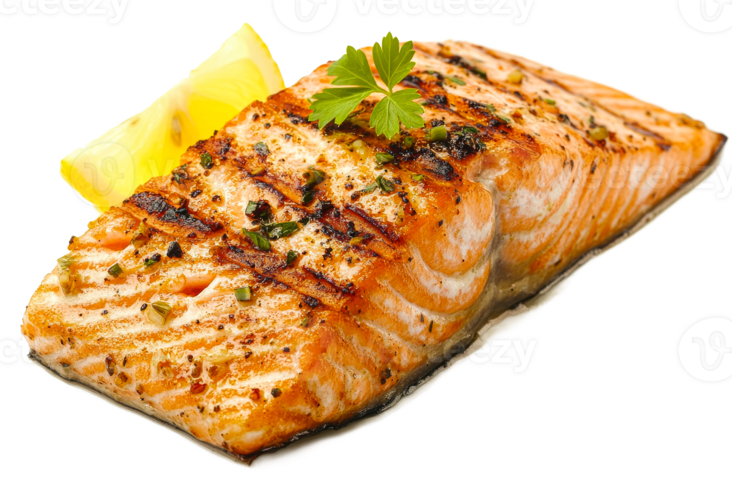 Grilled salmon fillet with lemon and herbs garnish png