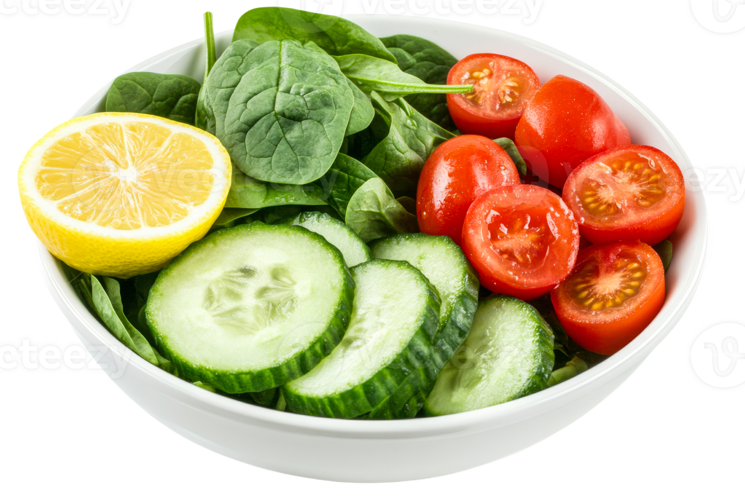 Fresh salad bowl with vegetables and lemon wedge png