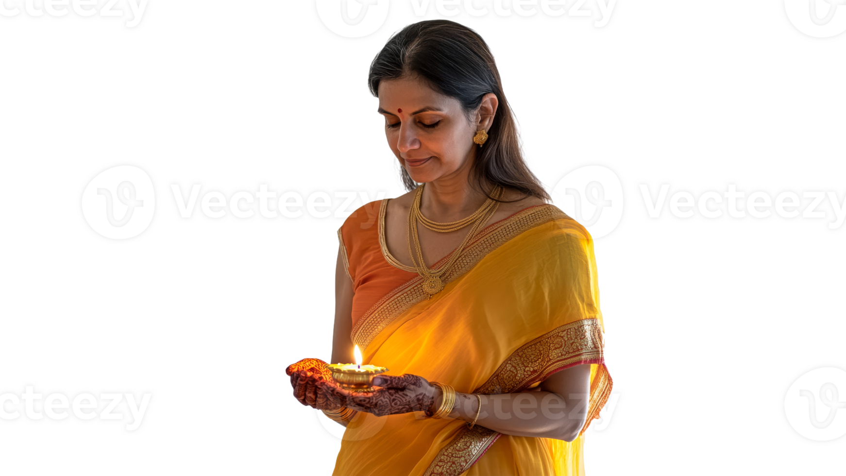 Woman in saree holding diya during celebration png