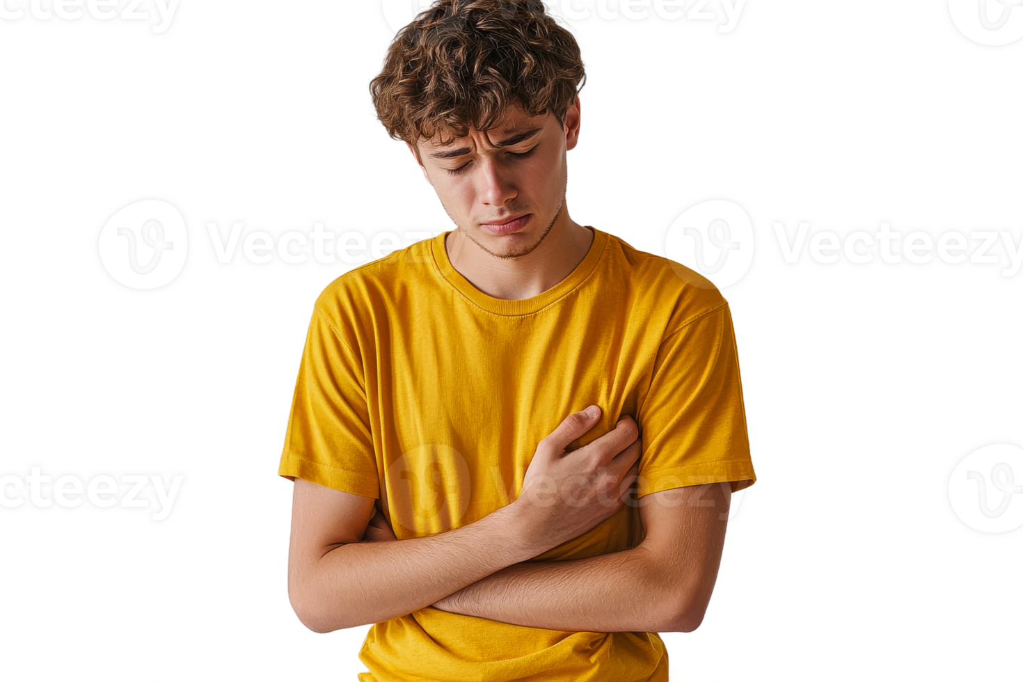 Young boy expresses discomfort in yellow shirt png