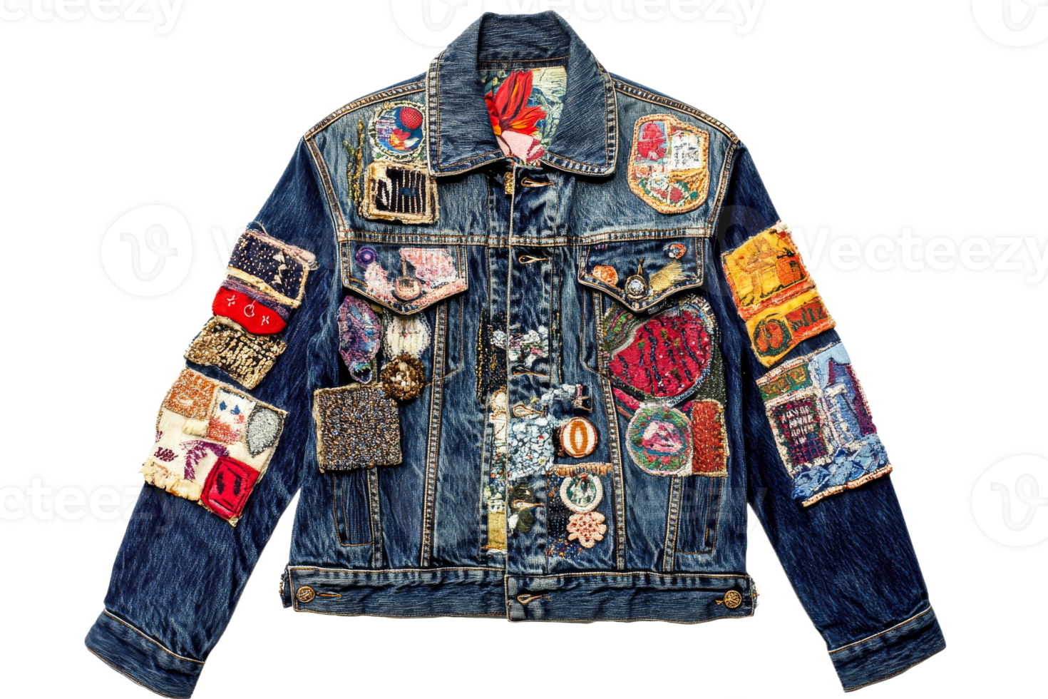 Colorful denim jacket adorned with unique patches png